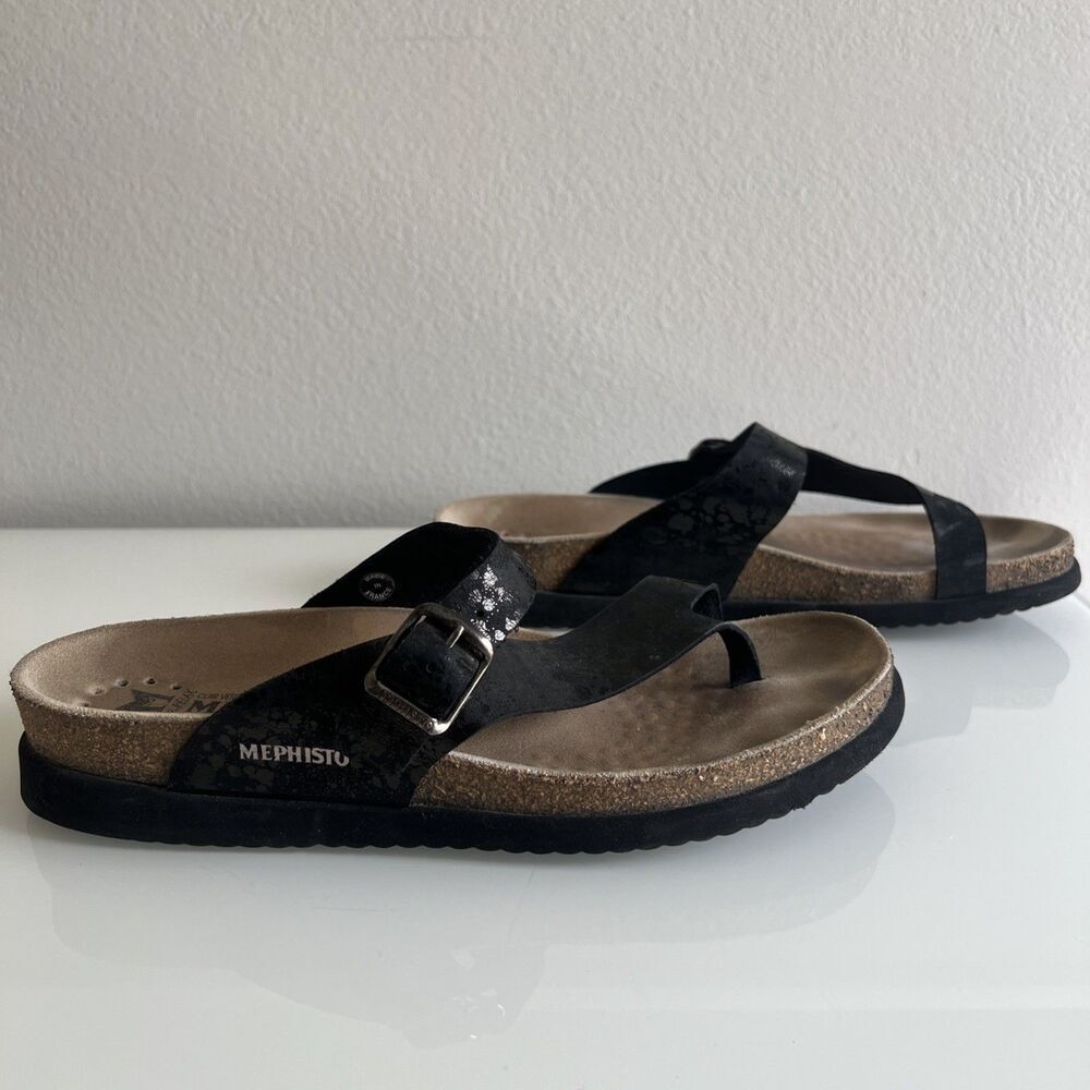 Mephisto Helen Black Paint Leather & Cork Slip On Sandals Size 40 - Picture 2 of 6